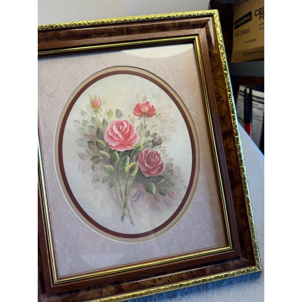 Vintage Wood Grain Gold Trim Picture Frame Wall Art Brown 13.5x16.5